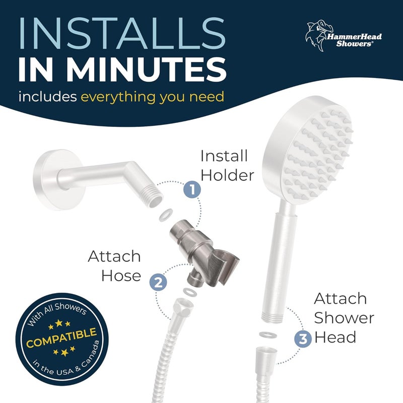 HammerHead Showers حامل رأس الدش اليدوي من هامر هيد شاورز® - معدن صلب - نيكل مصقول - حامل عصا دش قابل للتعديل مع خطاف حائط عالمي وكرة محورية نحاسية - حامل رأس دش يدوي - Image 4